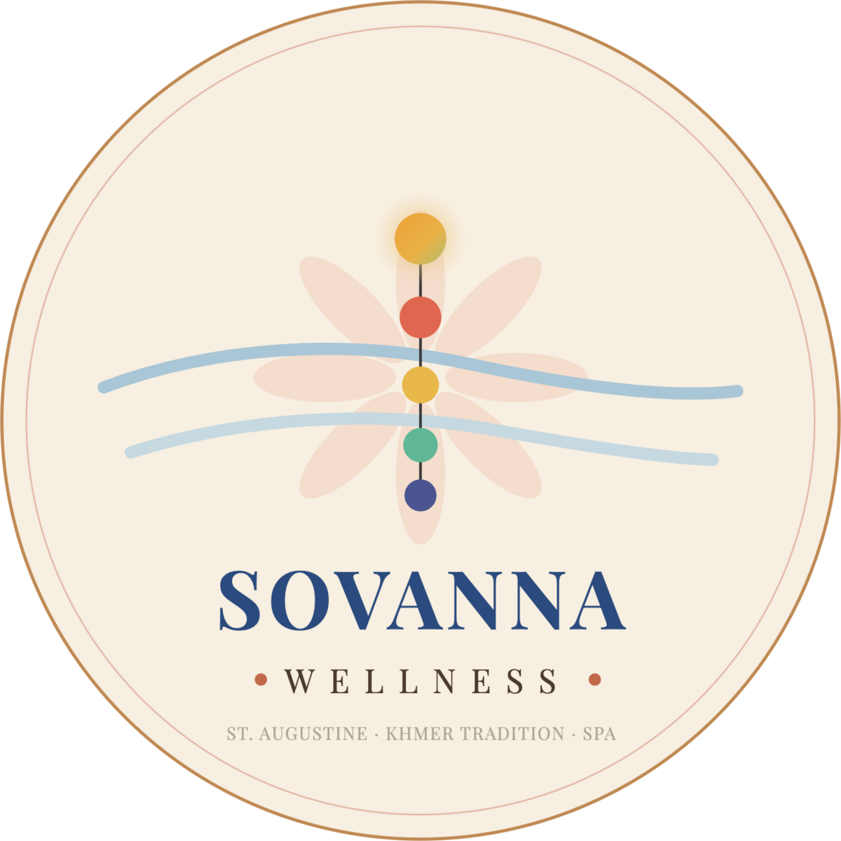 The Sovanna Wellness emblem: a column of five coloured dots over two blue waves, inside a bronze ring.